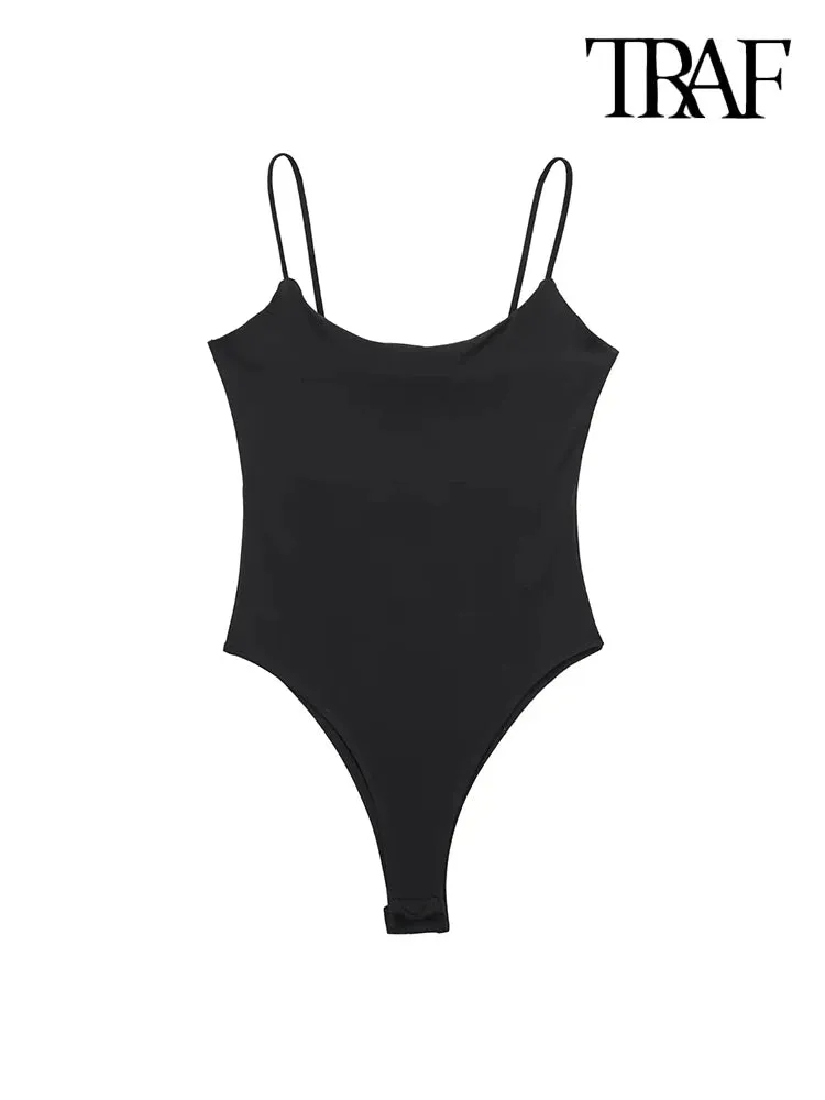 TRAF-Skinny Bodysuits for Women, Backless, Thin Straps, Snap-button, Female Playsuits, Sexy Fashion