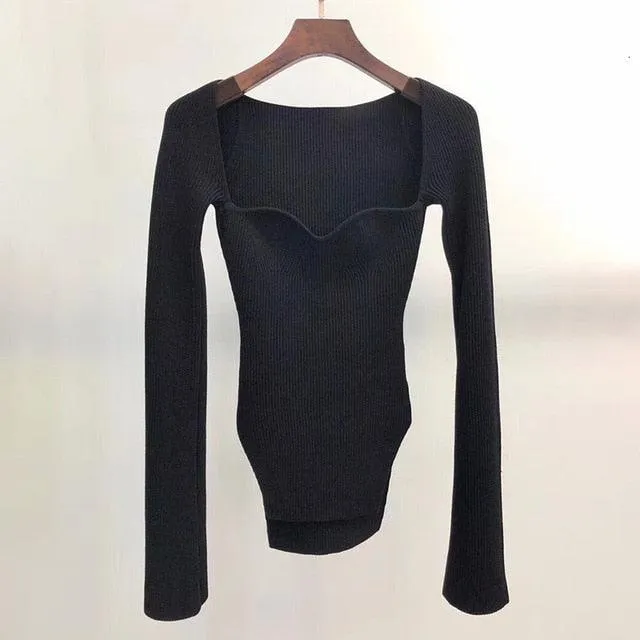 Trending Side Split Knitted Women's Sweater - Square Collar - Long Sleeve Female Sweaters (D23)(TB8C)