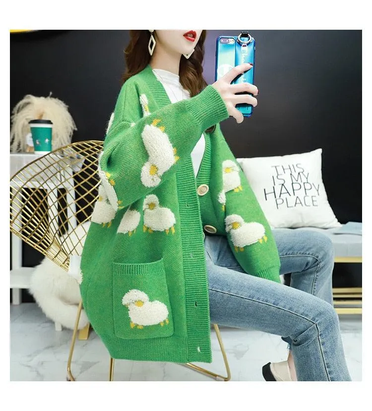 Trending Women Winter Knit Sweater Coat - V Neck Sheep Cardigans Christmas Sweaters Warm Knitwear Sueter Mujer Long Jacket (TP4)(TB8C)(BCD4)(1U23)