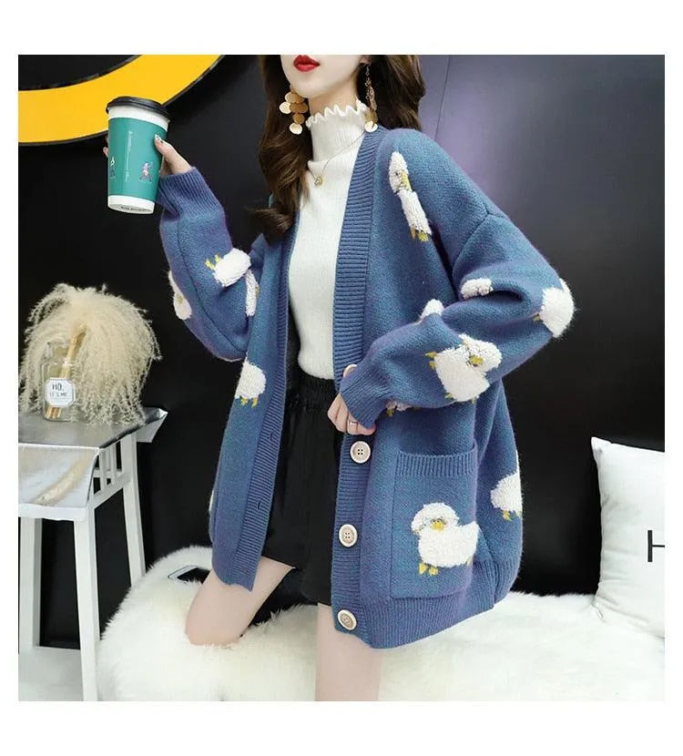 Trending Women Winter Knit Sweater Coat - V Neck Sheep Cardigans Christmas Sweaters Warm Knitwear Sueter Mujer Long Jacket (TP4)(TB8C)(BCD4)(1U23)