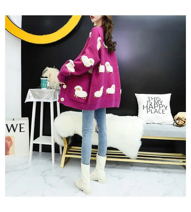 Trending Women Winter Knit Sweater Coat - V Neck Sheep Cardigans Christmas Sweaters Warm Knitwear Sueter Mujer Long Jacket (TP4)(TB8C)(BCD4)(1U23)