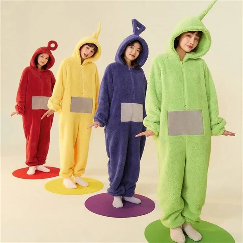 Unisex Adult Teletubbies Flannel One-piece Pajamas Cute Cartoon Hooded Homewear