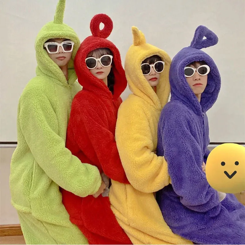 Unisex Adult Teletubbies Flannel One-piece Pajamas Cute Cartoon Hooded Homewear