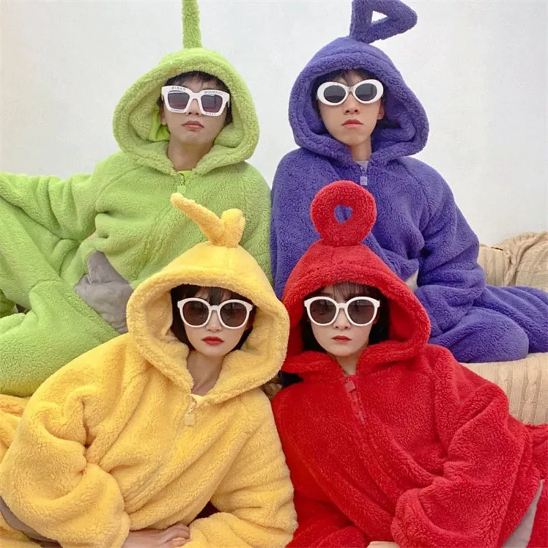 Unisex Adult Teletubbies Flannel One-piece Pajamas Cute Cartoon Hooded Homewear