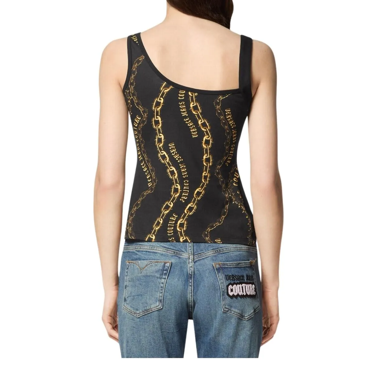 Versace Jeans Couture Black & Gold Chain Couture Baroque Buckle Top