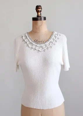 Vintage 1950s Rhinestone and Velvet Trimmed White Sweater