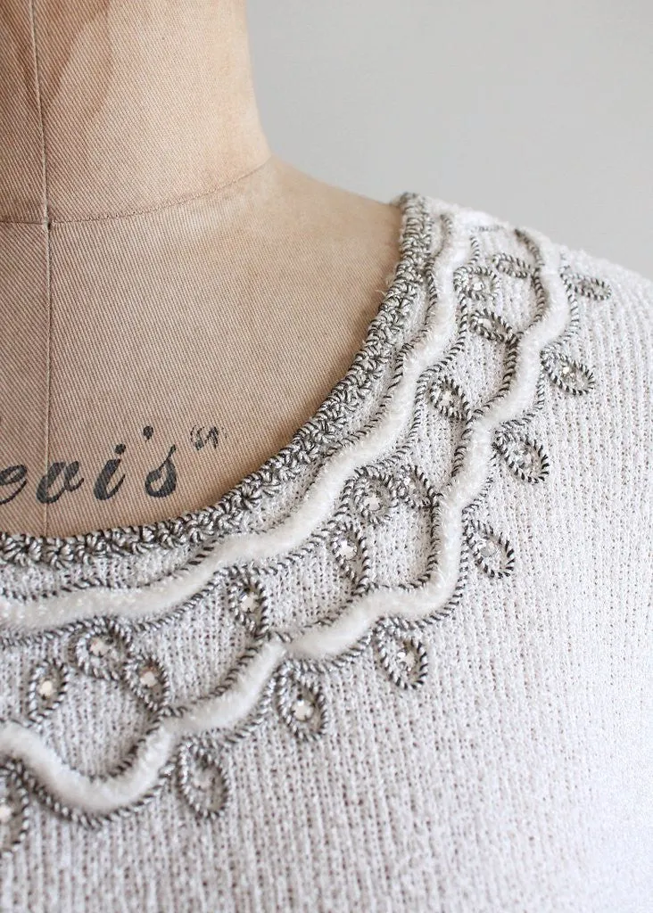 Vintage 1950s Rhinestone and Velvet Trimmed White Sweater