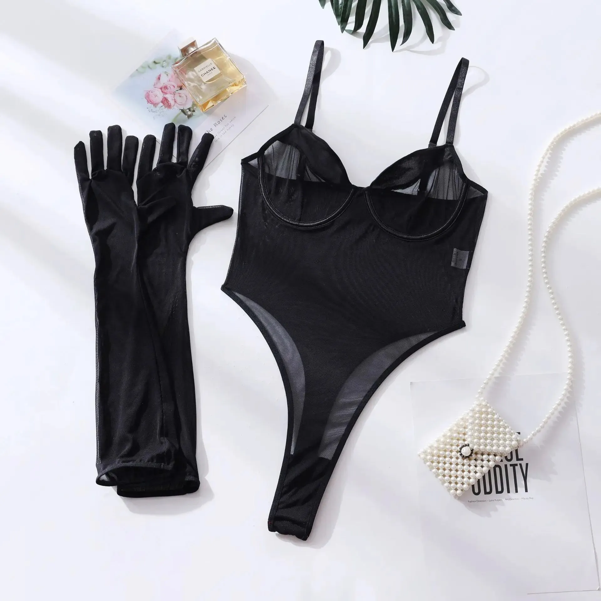 Wenkouban- Mesh Patchwork Bodysuit Women Backless Black Gloves Sexy Erotic High Cut Skinny Sexy Bodysuit Club Body Femme