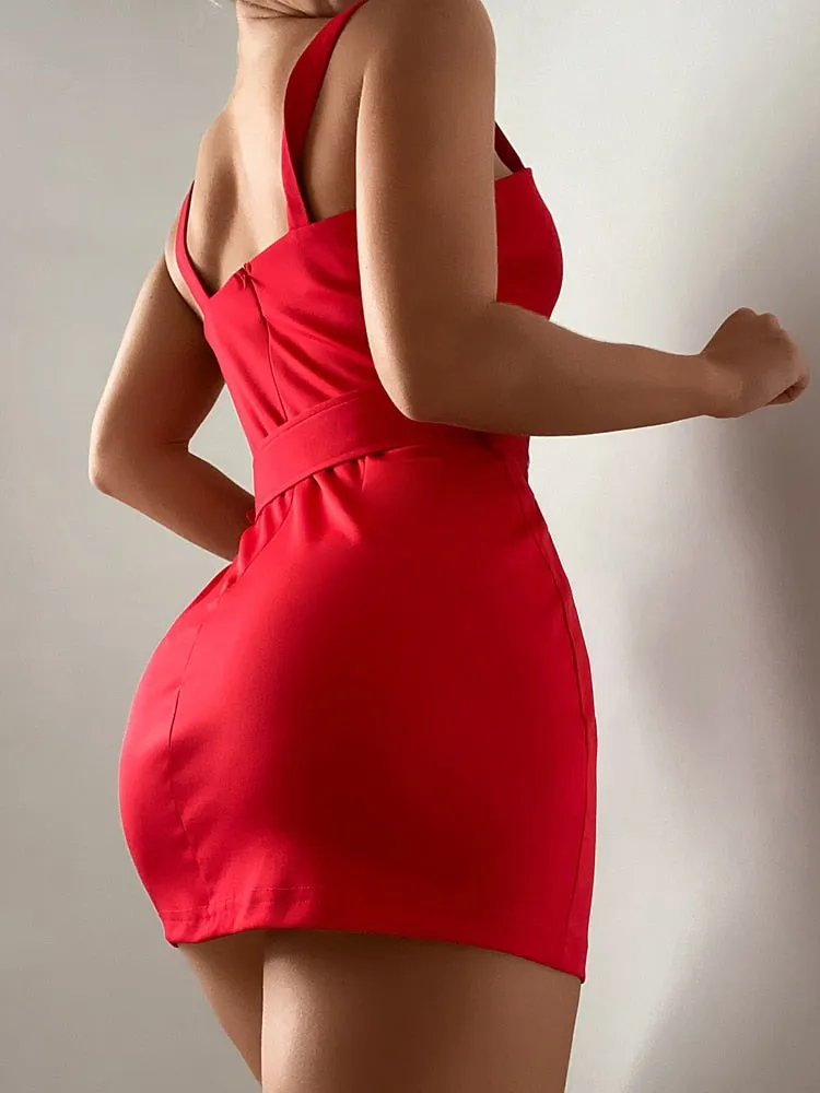 Wenkouban Women Fashion Red Boydon Mini Party Dress Slim Fit Sexy Short Dress Thick Strap Bodycon Mini Dress