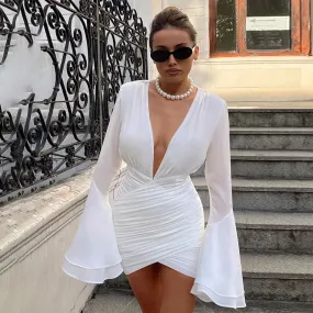 White Mesh V Neck Pleated Short Flare Sleeve Slim High Waist Mini Night Club Bodycon Dress