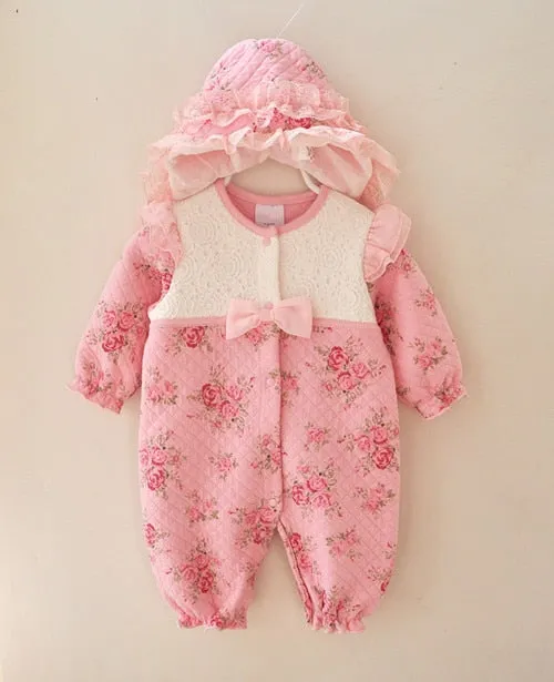 Winter Newborn Baby Girl Clothes Thicken Floral Princess Jumpsuit Clothing Sets Girls Bodysuit  Hats