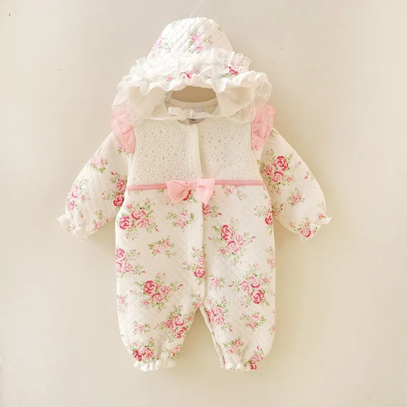 Winter Newborn Baby Girl Clothes Thicken Floral Princess Jumpsuit Clothing Sets Girls Bodysuit  Hats