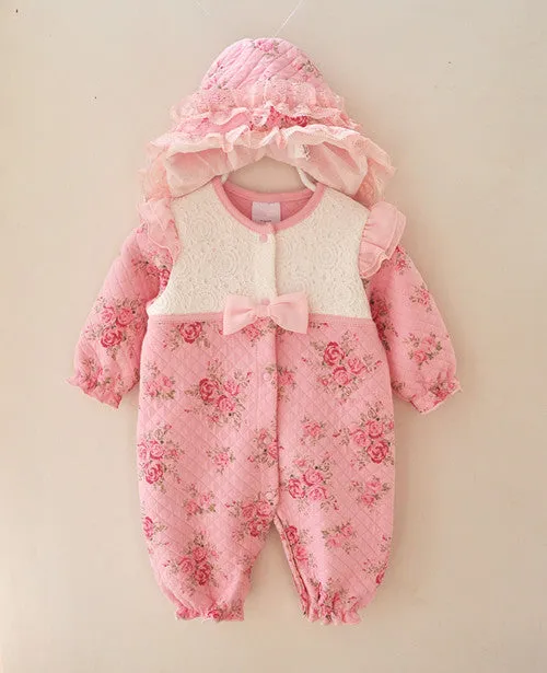 Winter Newborn Baby Girl Clothes Thicken Floral Princess Jumpsuit Clothing Sets Girls Bodysuit  Hats