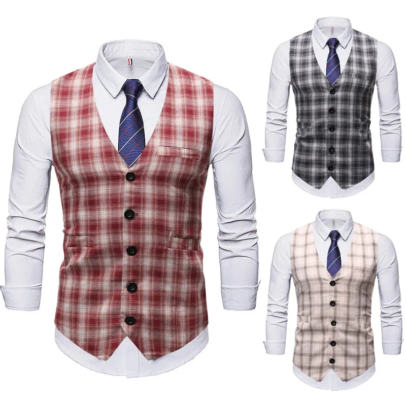 Wjczt Men  Winter Outfits Men Suit Vest Vintage Casual Plaid Single Breasted Mens Waistcoat Vests High Quality Slim Fit Party Wedding Dress Gilet Homme