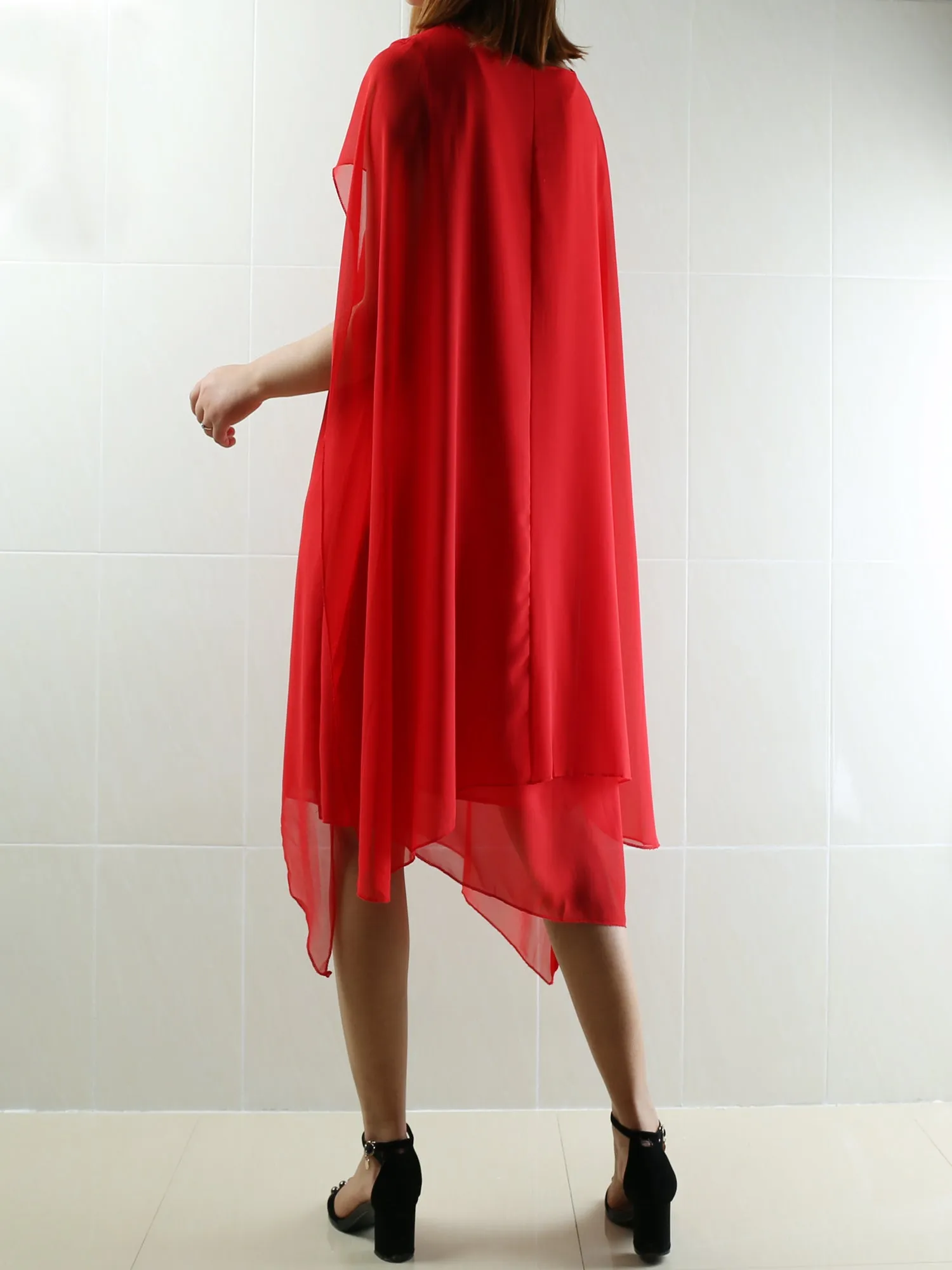 Women Crew neck dress/Short Sleeves Chiffon Dress/Casual Tunic dress/Maternity dress/Summer Dress/Customized Oversized Dress/Plus Size Clothing/black red Dress(Q1923)