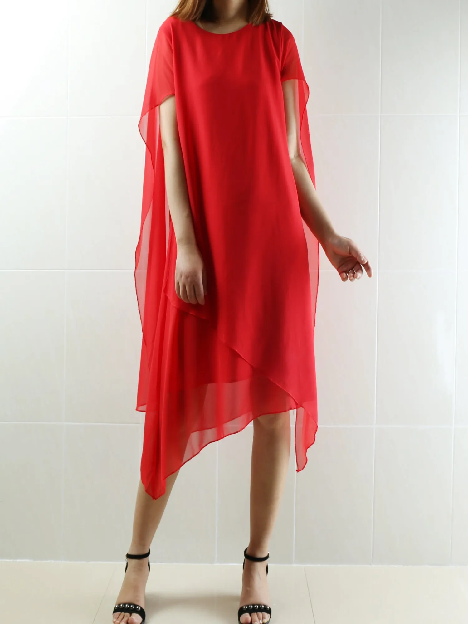 Women Crew neck dress/Short Sleeves Chiffon Dress/Casual Tunic dress/Maternity dress/Summer Dress/Customized Oversized Dress/Plus Size Clothing/black red Dress(Q1923)