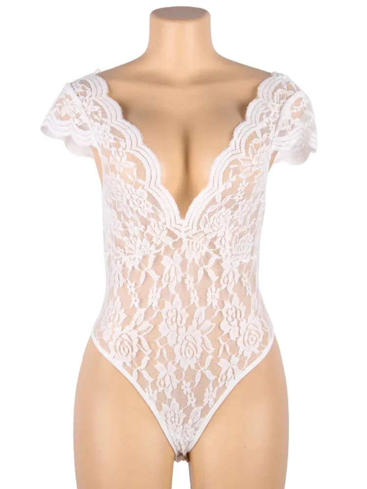 Women Oversized Floral Leotard Bodysuits Deep V Teddy Pajamas Sexy White Rompers Lace Crotchless Lingerie See Through Jumpsuits