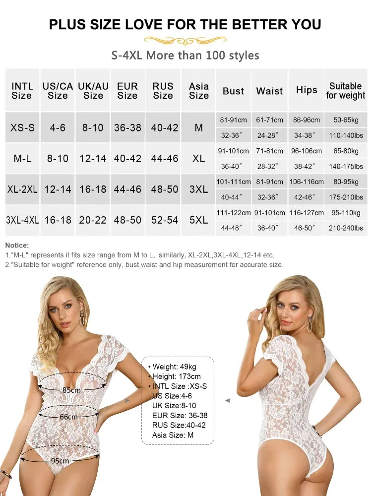 Women Oversized Floral Leotard Bodysuits Deep V Teddy Pajamas Sexy White Rompers Lace Crotchless Lingerie See Through Jumpsuits