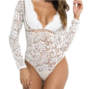 Women Romper Black White Lace Bodysuit