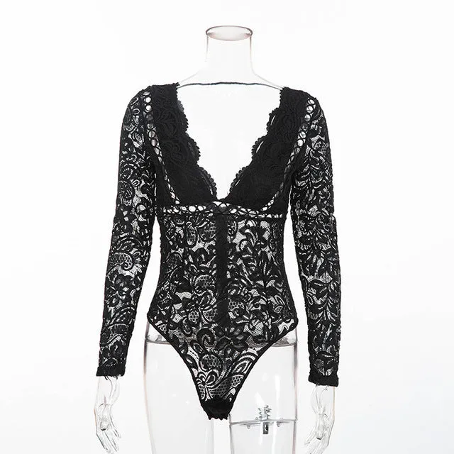 Women Romper Black White Lace Bodysuit