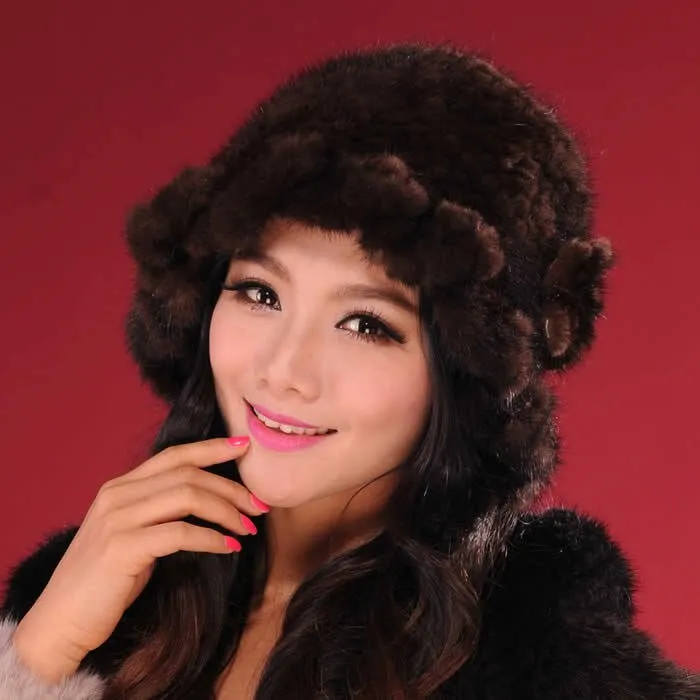 Womens Beanies Knitted Real Mink Fur Hat Cloche Hat Fedoras 13613