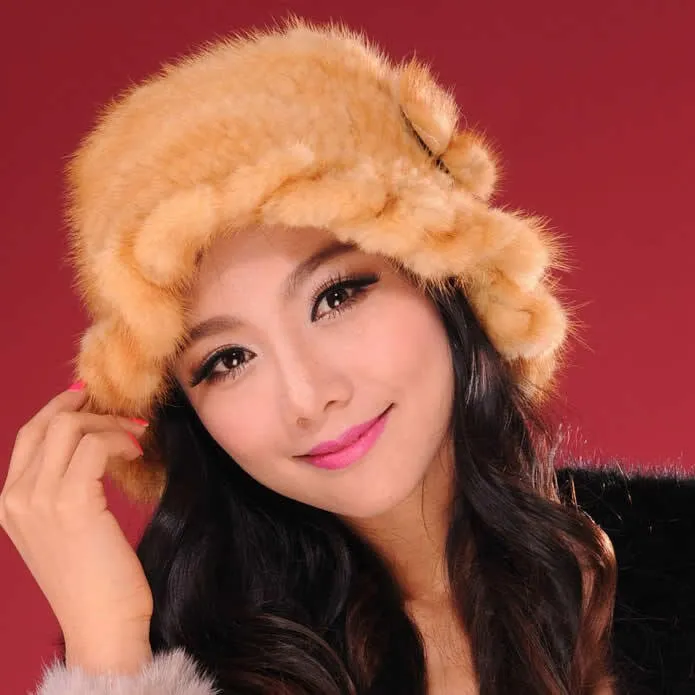 Womens Beanies Knitted Real Mink Fur Hat Cloche Hat Fedoras 13613