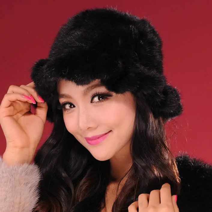 Womens Beanies Knitted Real Mink Fur Hat Cloche Hat Fedoras 13613