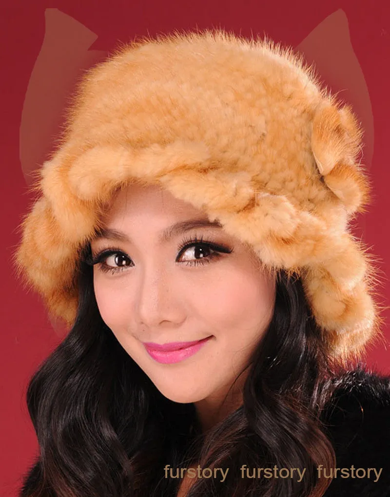 Womens Beanies Knitted Real Mink Fur Hat Cloche Hat Fedoras 13613