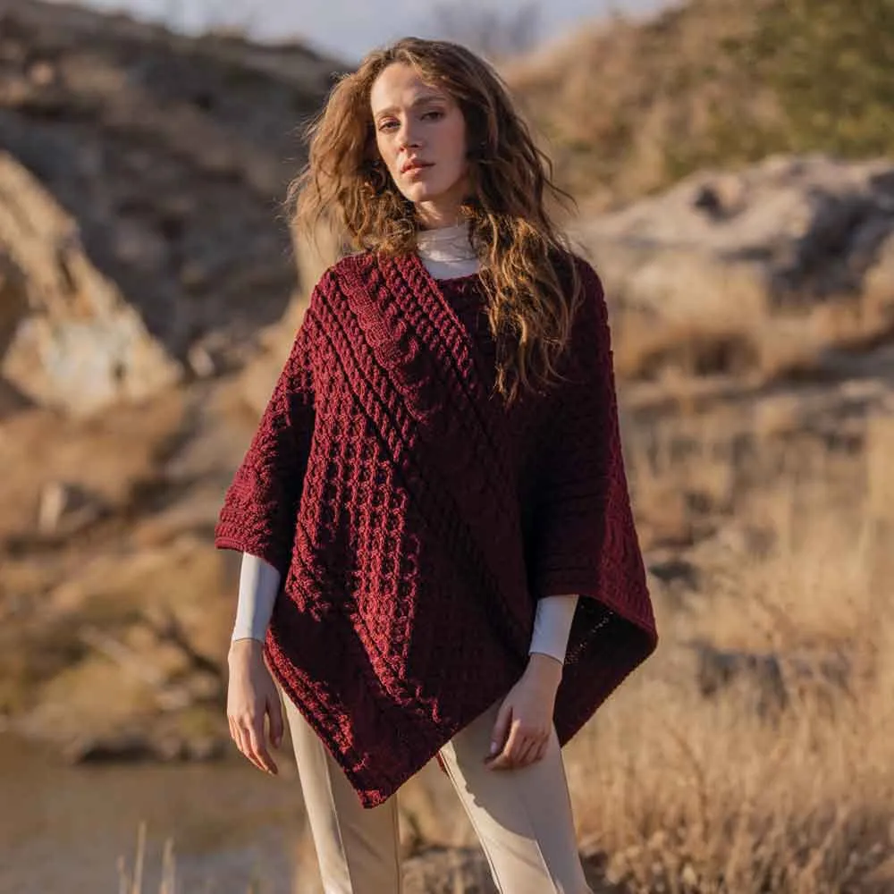 Women's Cable Knit Poncho, Wine