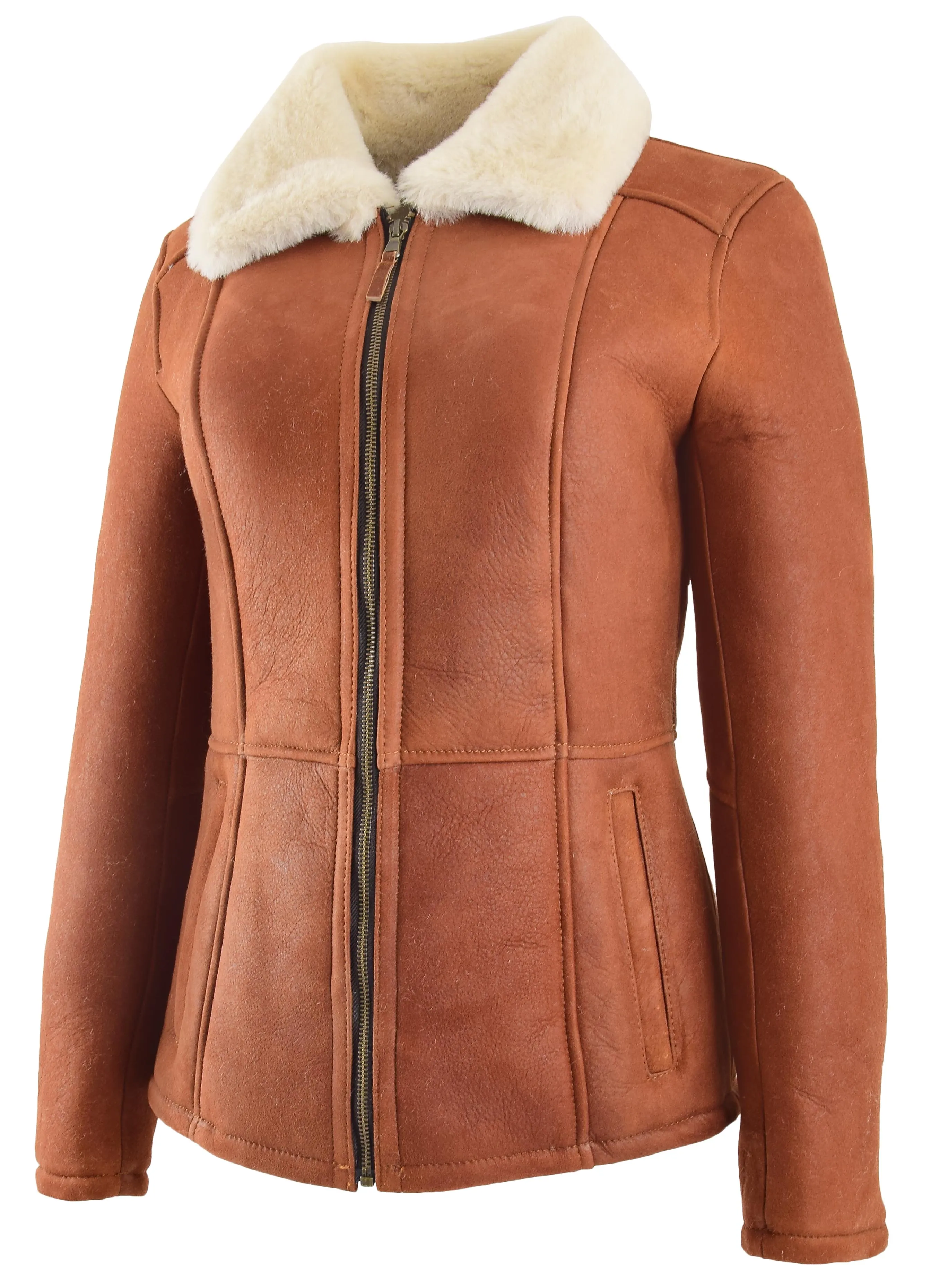 Womens Real Sheepskin Jacket Whiskey Merino Hip Length Shearling Coat Leona