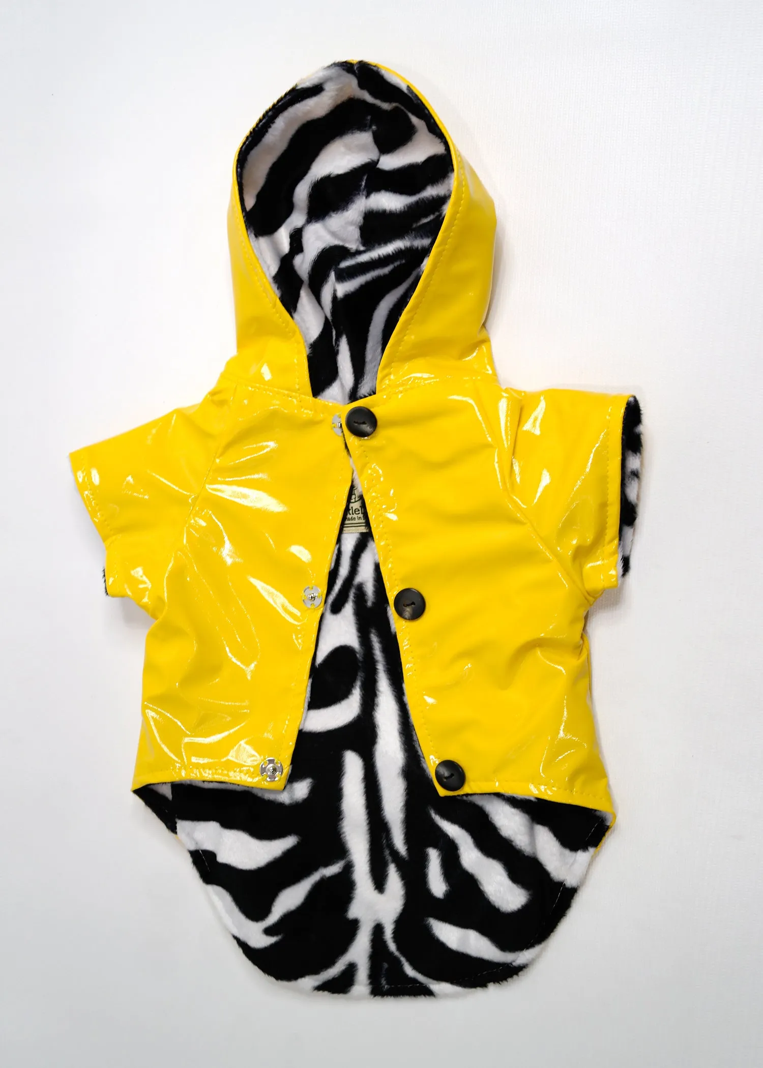 YELLOW RAINCOAT WITH ZEBRA STRIPE INTERIOR